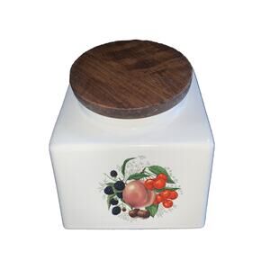 Hyalyn White Ceramic Canister w/ Lid Fruit Motif Wood 199S Vintage MCM